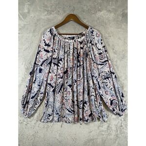 Chaps Blouse Womens 2X Blue Pink Paisley Balloon Sleeve Flowy Boho Peasant Beach